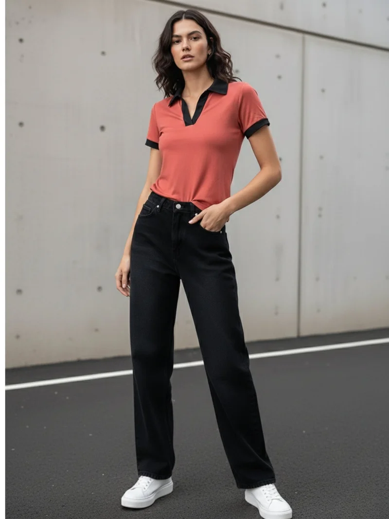 OUTZIDR  Rust Contrast Binding Knit Top for Women | Best Price UAE